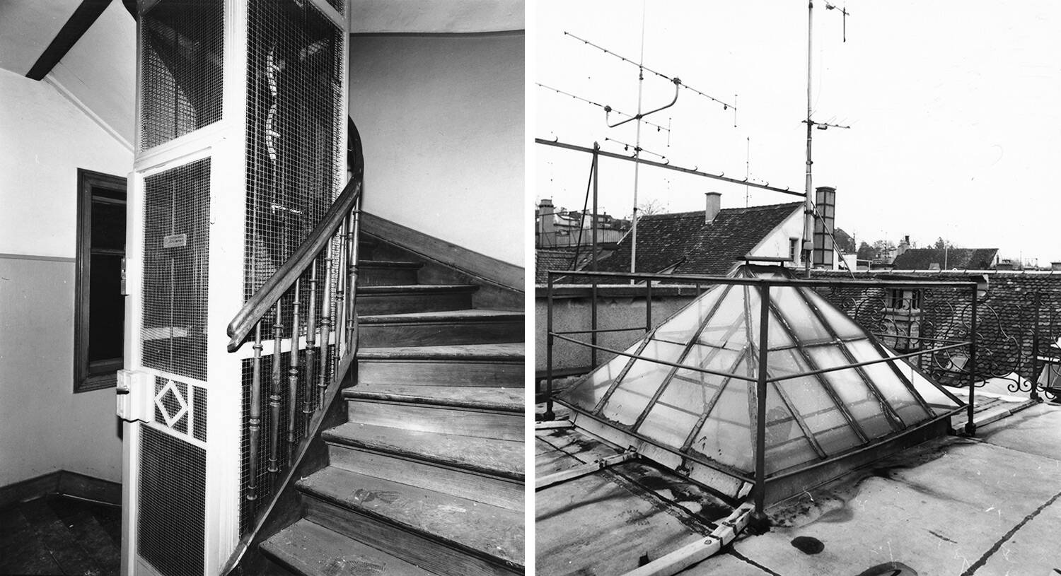 Historische Fotos in schwarzweiss der Treppenanlage und des Pyramidendaches über dem Liftschacht aus dem Jahr 1880