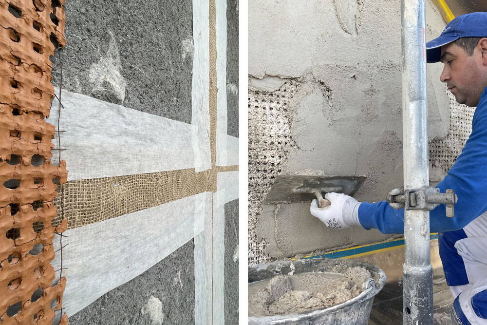 Neben dem Stopfen und Wiederaufmauern der Gefache wird das Holz mit Jute vor direktem Kontakt mit dem Grundputz geschützt. 