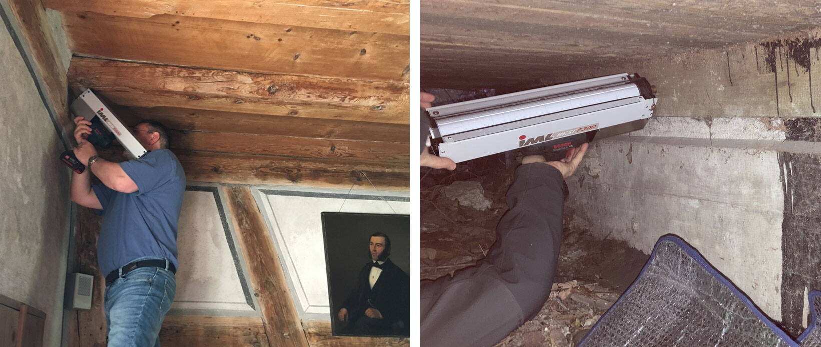 bohrprofile.jpg Im Ritterhaus Bubikon (links) und beim Radwegsteg zwischen Winterthur und Neftenbach (rechts) entnimmt Thomas Bohrprofile an Holz- oder Mauerteilen, damit er deren Zustand und Tragfähigkeit beurteilt kann.
