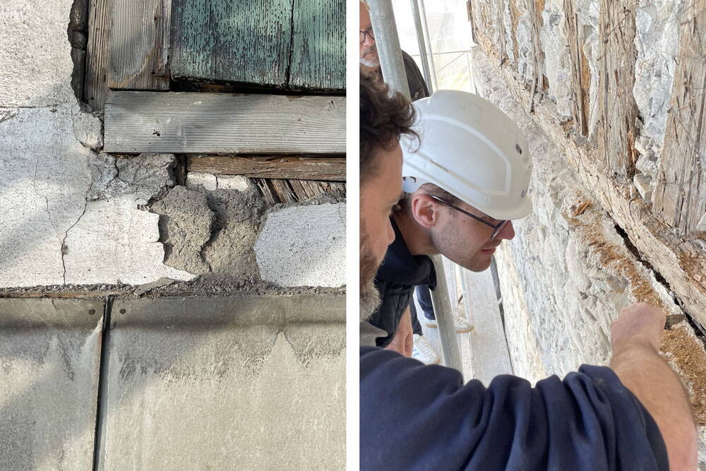 fassade_thalwil_2a.jpg Links: Unter dem Eternit liegt historischer Verputz, der für die Fassadensanierung ebenfalls entfernt werden muss. Rechts: Erst nach Entfernung des alten Putzes kann der wahre Zustand der Holzkonstruktion eruiert werden.