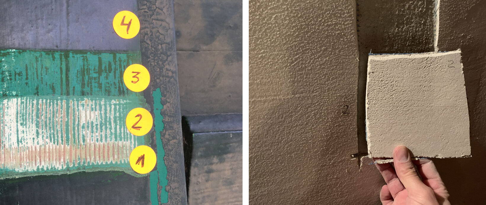 untersuchungen.jpg Links: Die Restauratorin von IABP untersucht den Farbaufbau im Schloss Wülflingen. Rechts: Zweck einer Bauteilöffnung ist es, Informationen hinsichtlich des Konstruktionsaufbaus und der Materialität zu gewinnen.