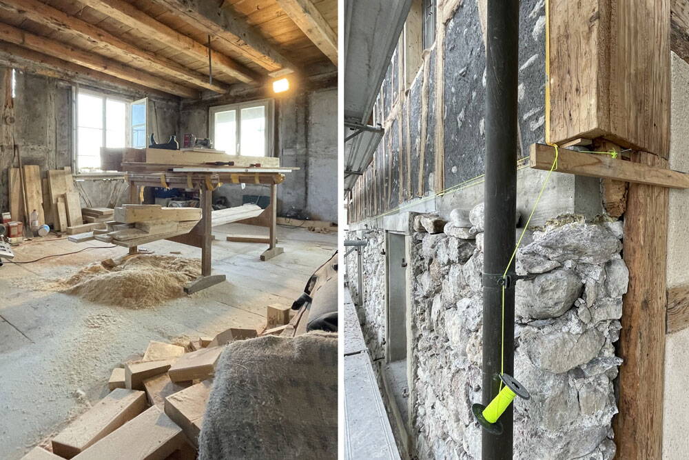 Links: Das verbaute 5 cm dicke Altholz stammt vom abgebrochenen Boden des Hausinnern. Rechts: Aufmauerung und Abdeckung der Sockelmauer.