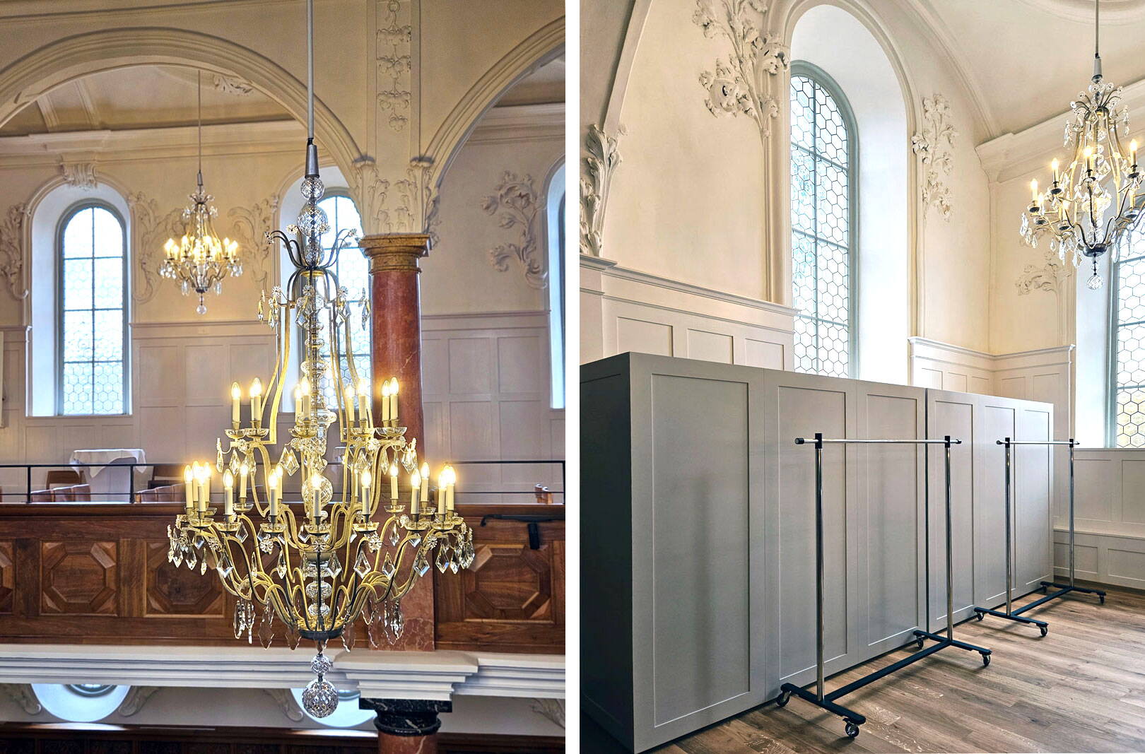 Stimmungsvolles Licht: Leuchten restauriert und mit modernster LED-Technik ausgestattet. Fügen sich dezent in den Raum ein: die verschiebbaren Aufbewahrungsmöbel.