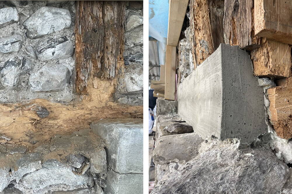Links: Die Schwelle am Fusse des Fachwerks ist besonders stark verwittert. Rechts: Der Sockel wird aufbetoniert