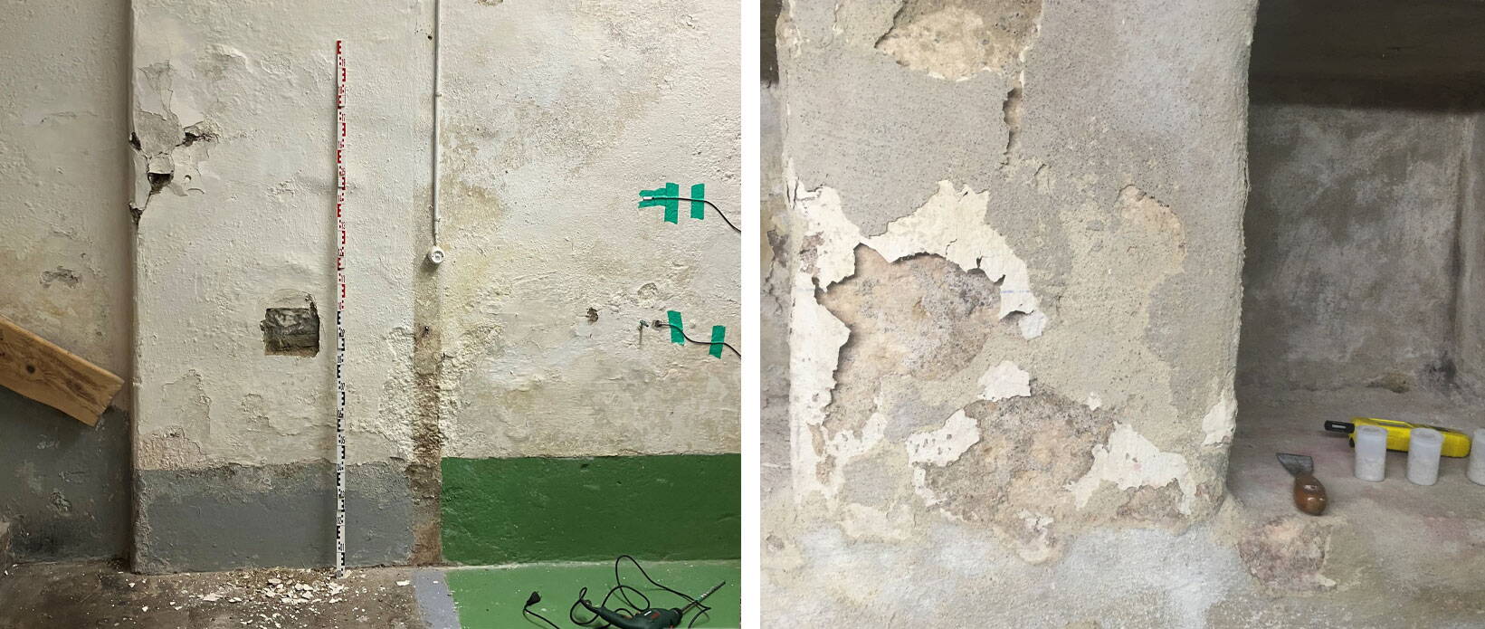 salzausbluehungen.jpg Links: Villa in Nussbaumen. Über die Jahre wurden verschiedene Sanierungsversuche durchgeführt – bisher vergeblich. Rechts: Restaurantkeller in Bauma: Typische Salzausblühungen zerstören den Verputz.